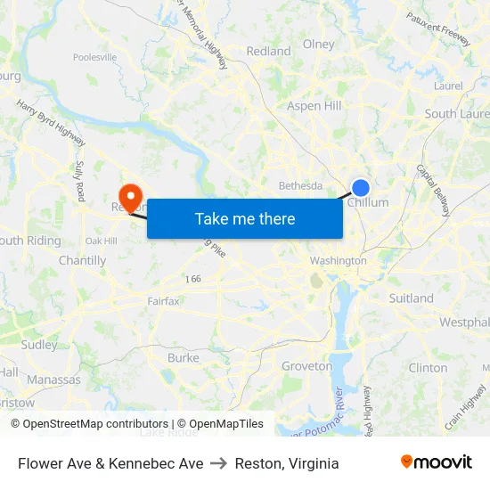 Flower Ave & Kennebec Ave to Reston, Virginia map