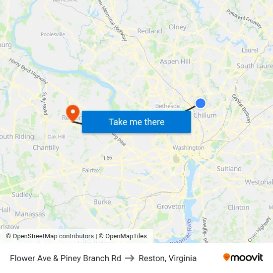Flower Ave & Piney Branch Rd to Reston, Virginia map