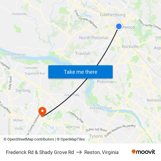 Frederick Rd & Shady Grove Rd to Reston, Virginia map