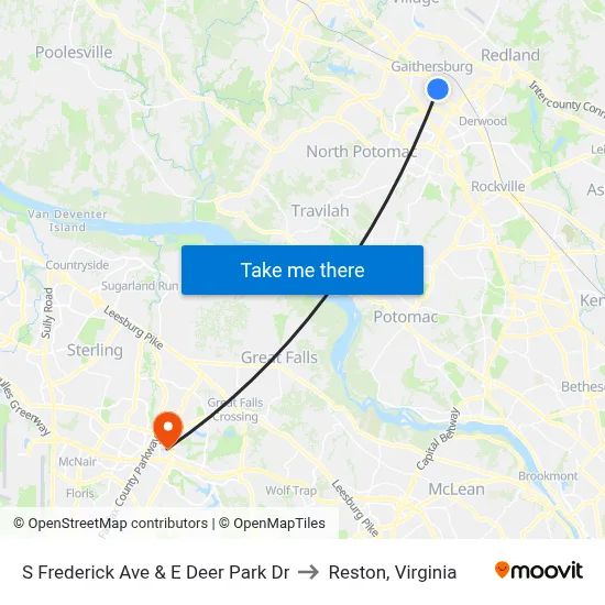 S Frederick Ave & E Deer Park Dr to Reston, Virginia map