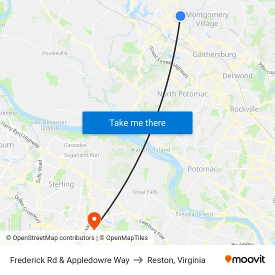 Frederick Rd & Appledowre Way to Reston, Virginia map