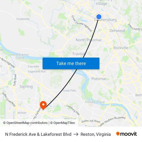 N Frederick Ave & Lakeforest Blvd to Reston, Virginia map