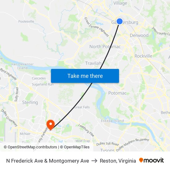 N Frederick Ave & Montgomery Ave to Reston, Virginia map