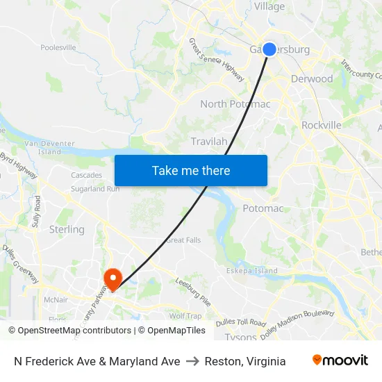 N Frederick Ave & Maryland Ave to Reston, Virginia map