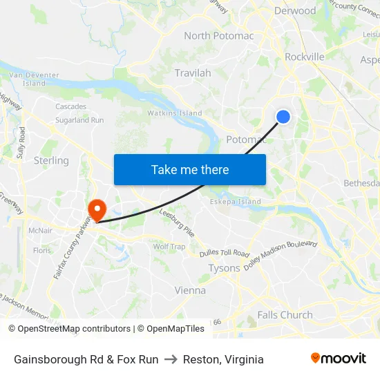 Gainsborough Rd & Fox Run to Reston, Virginia map