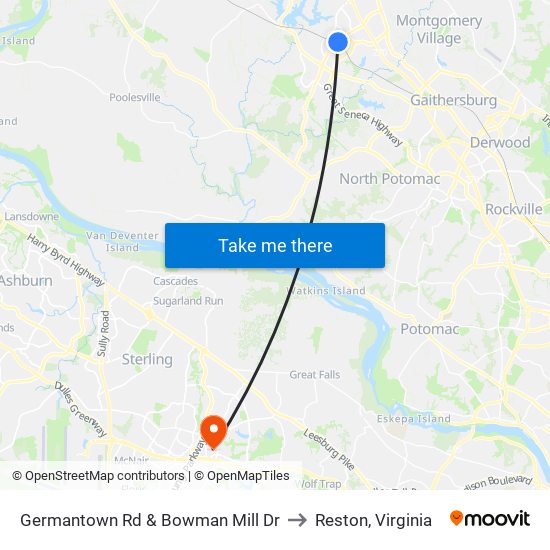 Germantown Rd & Bowman Mill Dr to Reston, Virginia map