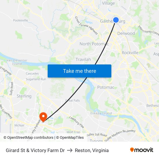 Girard St & Victory Farm Dr to Reston, Virginia map