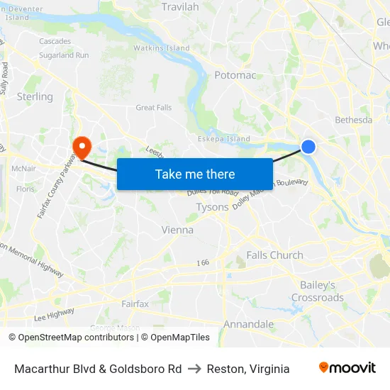Macarthur Blvd & Goldsboro Rd to Reston, Virginia map