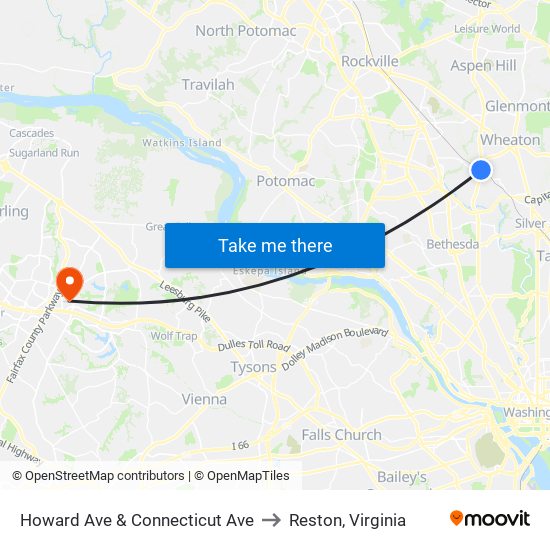 Howard Ave & Connecticut Ave to Reston, Virginia map