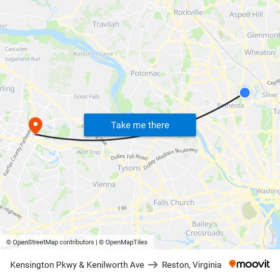 Kensington Pkwy & Kenilworth Ave to Reston, Virginia map