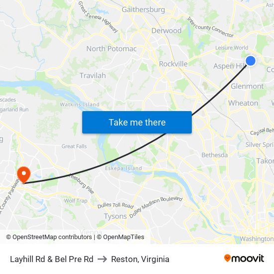 Layhill Rd & Bel Pre Rd to Reston, Virginia map