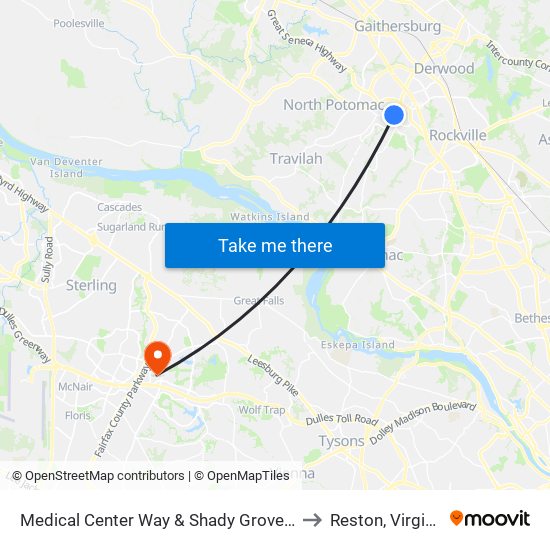 Medical Center Way & Shady Grove Rd to Reston, Virginia map