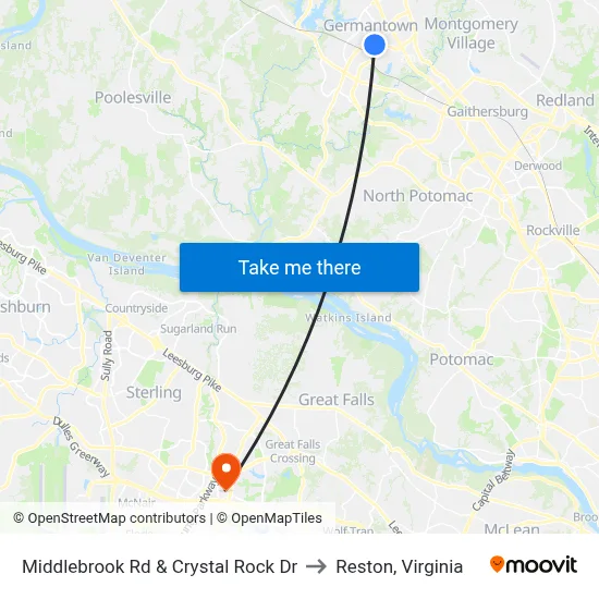 Middlebrook Rd & Crystal Rock Dr to Reston, Virginia map