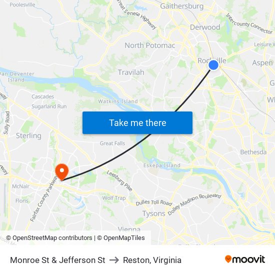 Monroe St & Jefferson St to Reston, Virginia map