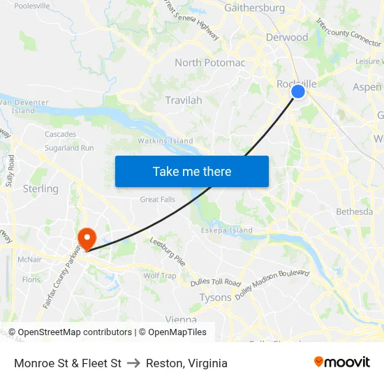 Monroe St & Fleet St to Reston, Virginia map