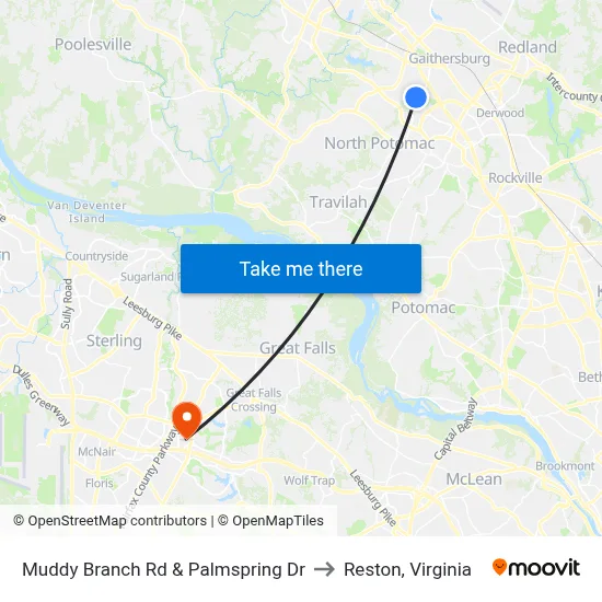 Muddy Branch Rd & Palmspring Dr to Reston, Virginia map