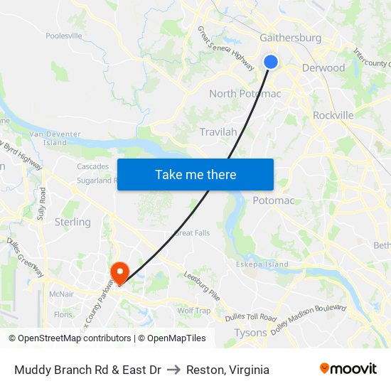 Muddy Branch Rd & East Dr to Reston, Virginia map