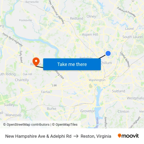 New Hampshire Ave & Adelphi Rd to Reston, Virginia map
