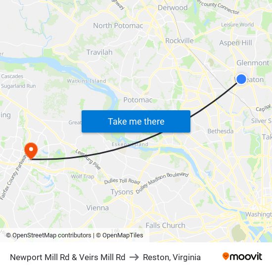 Newport Mill Rd & Veirs Mill Rd to Reston, Virginia map