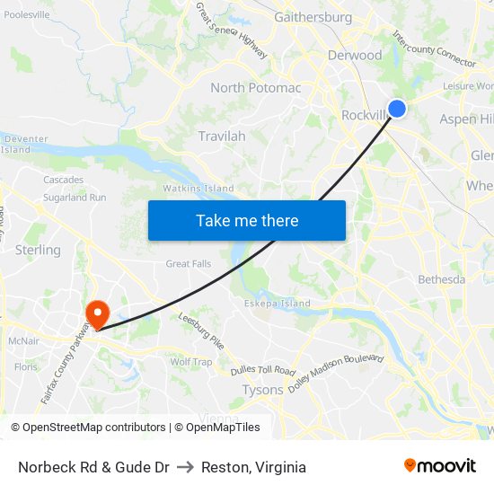 Norbeck Rd & Gude Dr to Reston, Virginia map