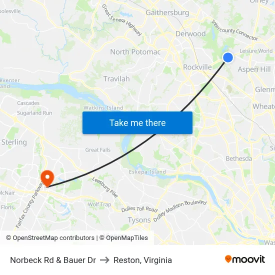Norbeck Rd & Bauer Dr to Reston, Virginia map