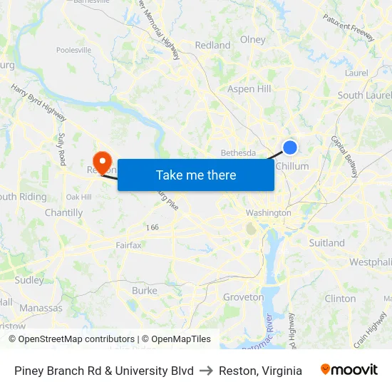 Piney Branch Rd & University Blvd to Reston, Virginia map