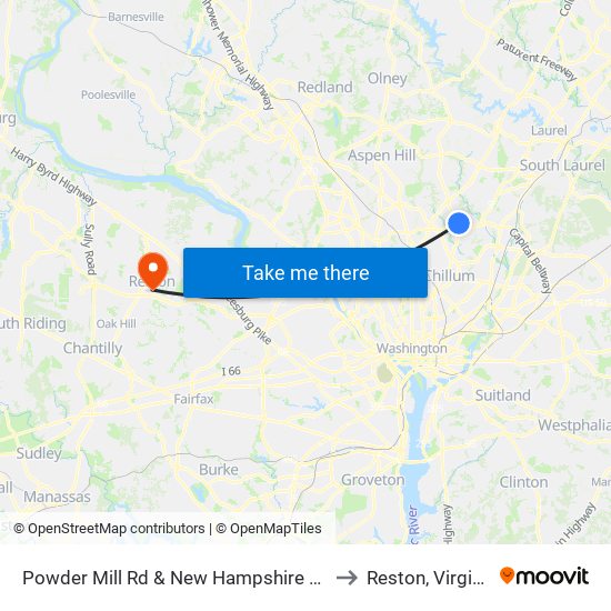 Powder Mill Rd & New Hampshire Ave to Reston, Virginia map