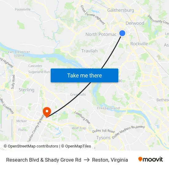 Research Blvd & Shady Grove Rd to Reston, Virginia map