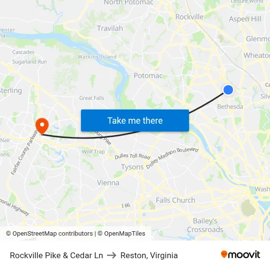 Rockville Pike & Cedar Ln to Reston, Virginia map