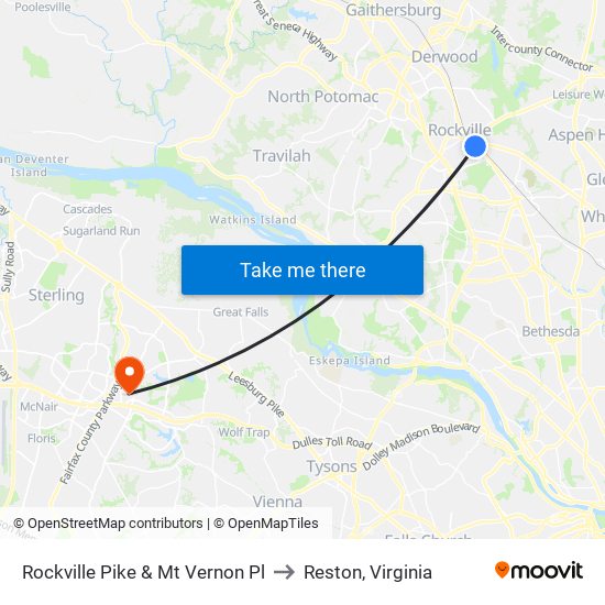Rockville Pike & Mt Vernon Pl to Reston, Virginia map