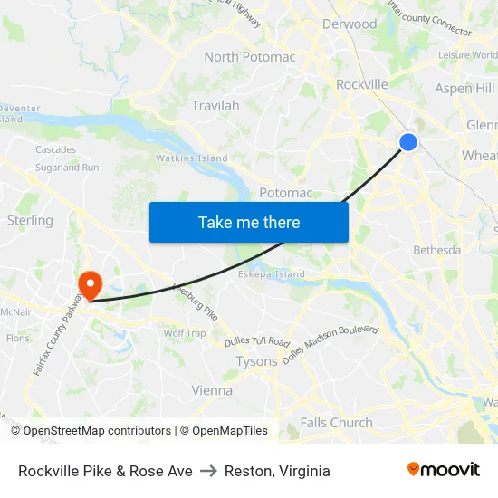Rockville Pike & Rose Ave to Reston, Virginia map