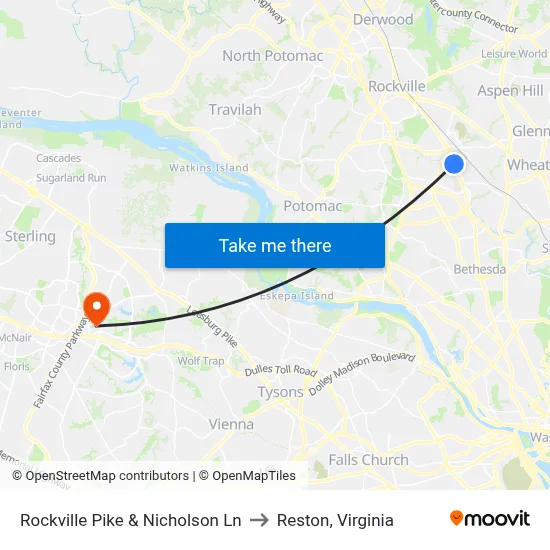 Rockville Pike & Nicholson Ln to Reston, Virginia map