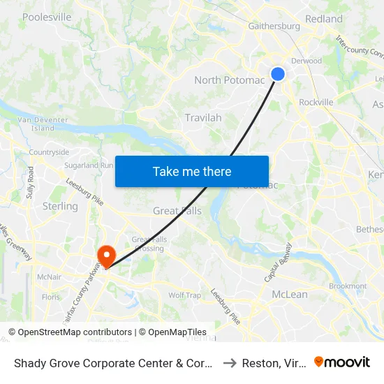 Shady Grove Corporate Center & Corporate Blvd to Reston, Virginia map
