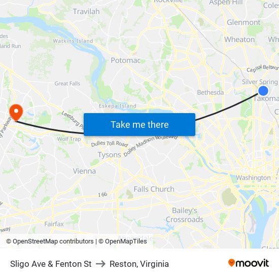 Sligo Ave & Fenton St to Reston, Virginia map