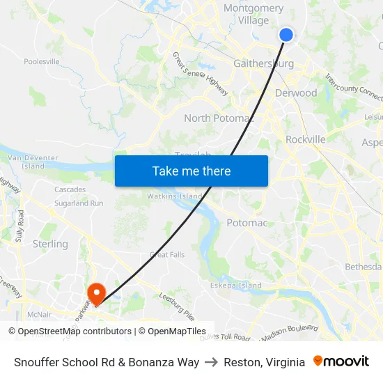 Snouffer School Rd & Bonanza Way to Reston, Virginia map