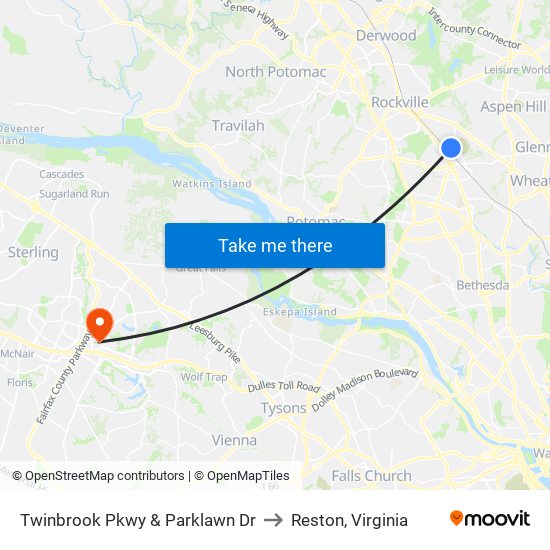 Twinbrook Pkwy & Parklawn Dr to Reston, Virginia map