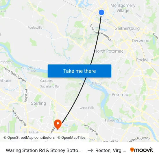 Waring Station Rd & Stoney Bottom Dr to Reston, Virginia map