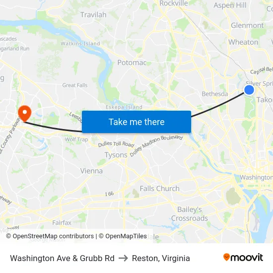 Washington Ave & Grubb Rd to Reston, Virginia map