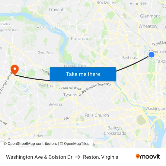 Washington Ave & Colston Dr to Reston, Virginia map