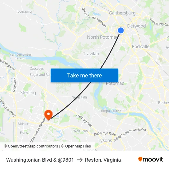 Washingtonian Blvd & @9801 to Reston, Virginia map