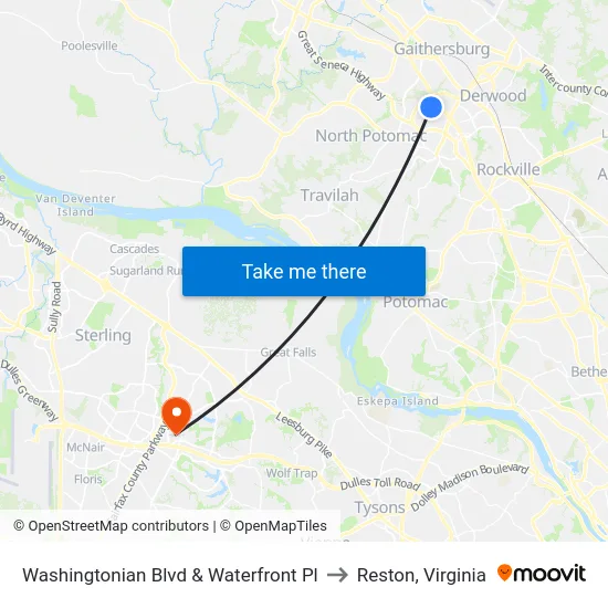 Washingtonian Blvd & Waterfront Pl to Reston, Virginia map