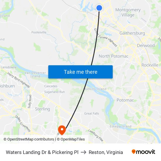 Waters Landing Dr & Pickering Pl to Reston, Virginia map