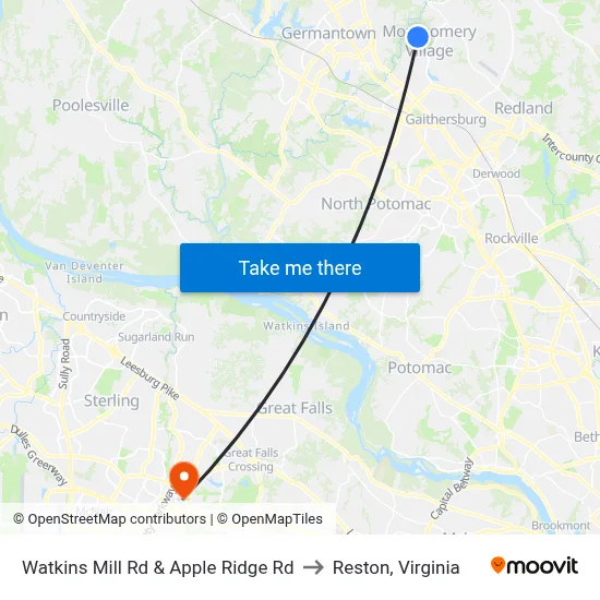 Watkins Mill Rd & Apple Ridge Rd to Reston, Virginia map