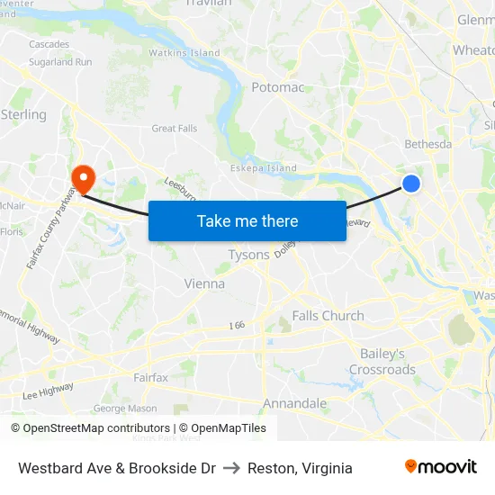 Westbard Ave & Brookside Dr to Reston, Virginia map