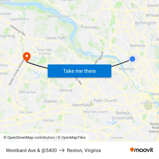 Westbard Ave & @5400 to Reston, Virginia map