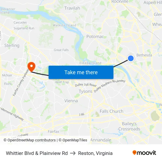 Whittier Blvd & Plainview Rd to Reston, Virginia map