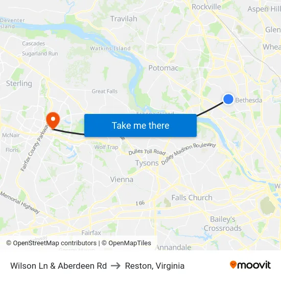Wilson Ln & Aberdeen Rd to Reston, Virginia map