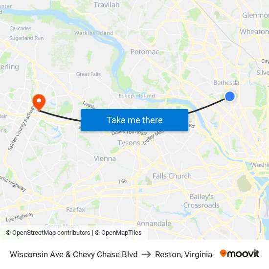 Wisconsin Ave & Chevy Chase Blvd to Reston, Virginia map