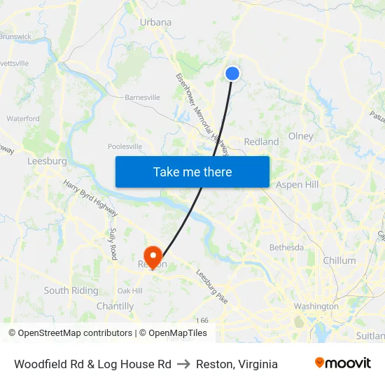 Woodfield Rd & Log House Rd to Reston, Virginia map