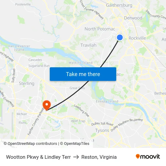 Wootton Pkwy & Lindley Terr to Reston, Virginia map